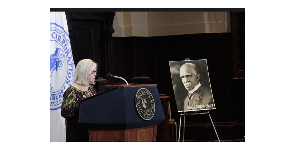 Mary Hoar giving a presentation about John Edward Bruce Mary Hoar giving a presentation about John Edward Bruce